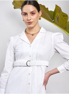 SASSAFRAS Poplin Ruched Belted Shirt Dress with Puff Sleeve by Styli  - Image 4