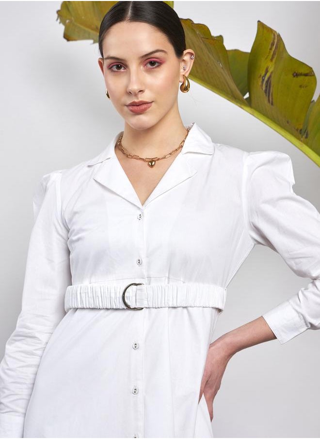 SASSAFRAS - Poplin Ruched Belted Shirt Dress with Puff Sleeve by Styli - Image 1