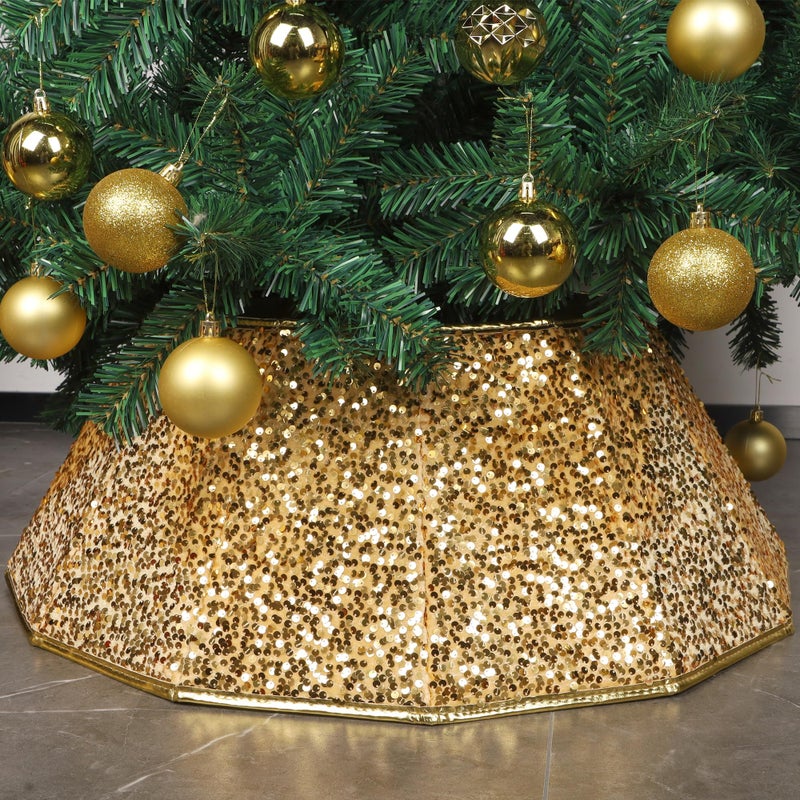 Blissun Christmas Tree Collar Sequin Christmas Tree Skirt Foldable Tree Ring Xmas Tree Stand Base Cover for Christmas Tree Decoration Bright Gold