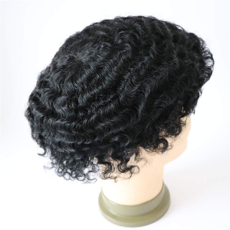 lumeng Toupee Afro Mens Wig Weave Hair Unit 12mm Wave Hairpiece Franch Lace Man Replacement Systems 1 Jet Black Hair Piece for African Mens Afro Curly Toupee 8x10inch
