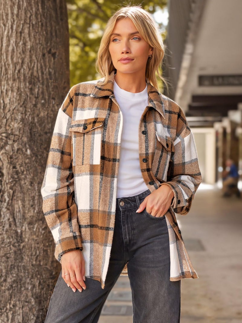 AUTOMET Womens Fall Outfits Fashion Clothes Shackets Flannel Plaid Button Down Long Sleeve Shirts Jackets Apricot L - Image 2