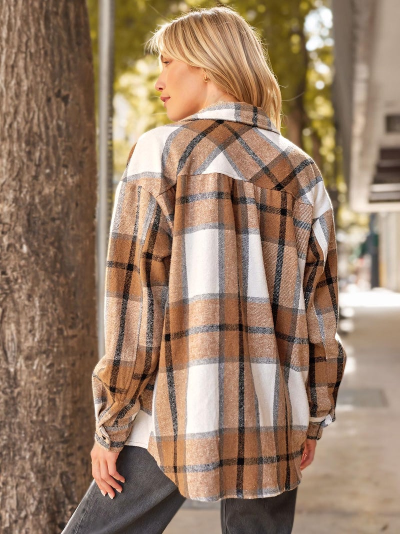 AUTOMET Womens Fall Outfits Fashion Clothes Shackets Flannel Plaid Button Down Long Sleeve Shirts Jackets Apricot L - Image 4