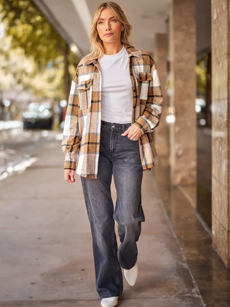 AUTOMET Womens Fall Outfits Fashion Clothes Shackets Flannel Plaid Button Down Long Sleeve Shirts Jackets Apricot L - Image 5