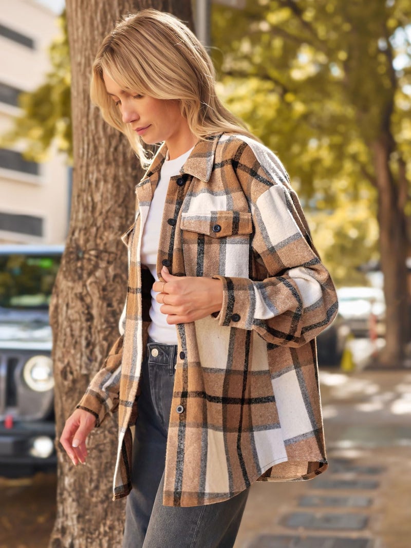 AUTOMET Womens Fall Outfits Fashion Clothes Shackets Flannel Plaid Button Down Long Sleeve Shirts Jackets Apricot L - Image 3