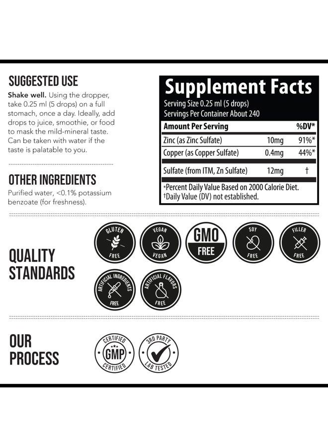 NutraBio Ionic Zinc Plus Copper Liquid Concentrate 240 Servings, Glass Bottle, Vegan - Balanced Ratio of Zinc Copper - Supports Immunity, Brain Thyroid (2 oz.) - Image 2