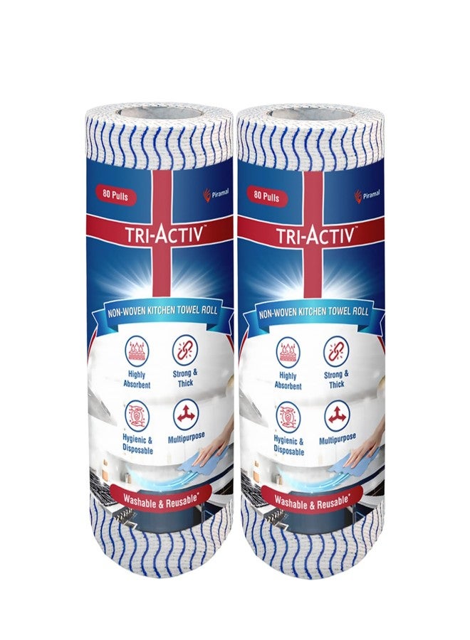 Tri-Activ Washable & Reusable Kitchen Towel Roll | 80 Pulls per Roll, 160 Sheets Pack of 2 | Highly Absorbent Kitchen Tissue Roll | Non Woven Fabric | Better alternative to Paper Tissue Roll | Blue - Image 1