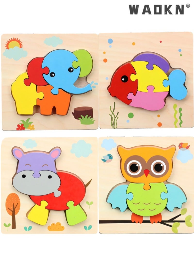 WAOKN 4Pcs 3D Wooden Jigsaw Puzzles for Toddlers Kids Preschool Educational Learning Toys for Toddlers 1-3,Baby Wooden Puzzles for 1 2 3 4 Year Old,Montessori Toys Gifts for Toddlers Boys Girls - Image 1