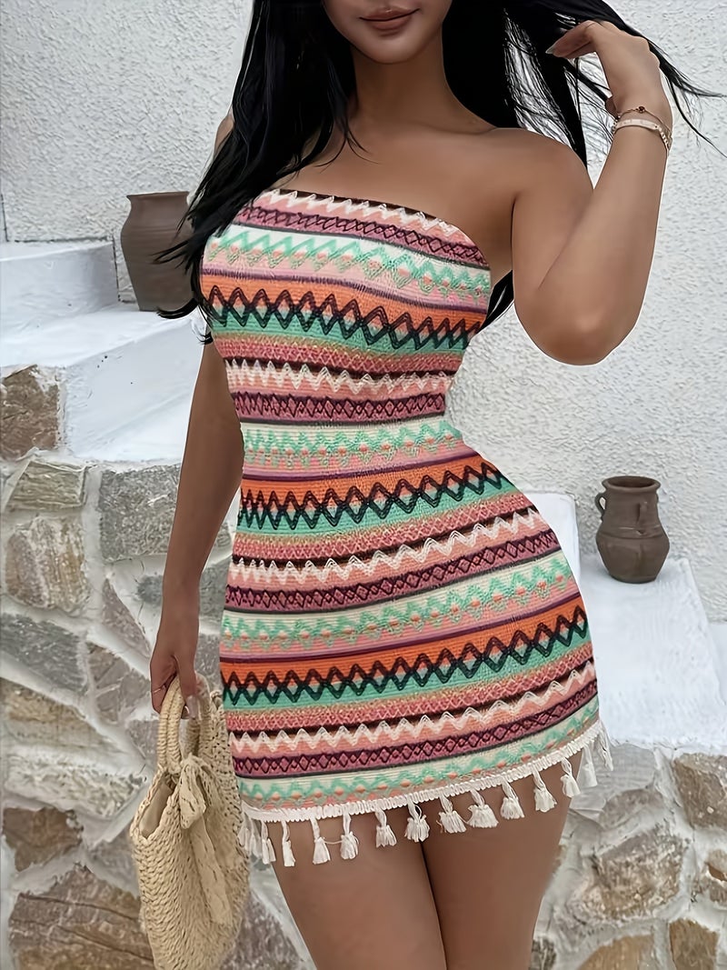 Multicolor Western Style Sexy Women'S Vacation Strapless Waist-Cinching Tassel Patchwork Dress - Image 4