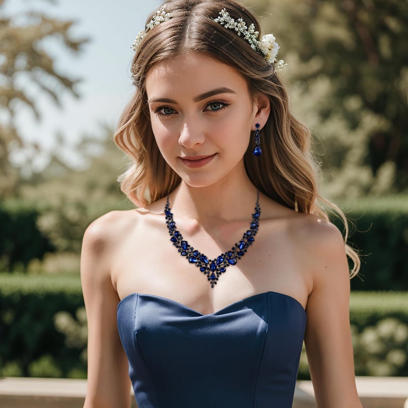 BriLove Wedding Bridal Jewelry Set for Women Austrian Crystal Teardrop Cluster Statement Necklace Dangle Earrings Navy Blue Sapphire Color Black-Silver-Tone. - Image 3
