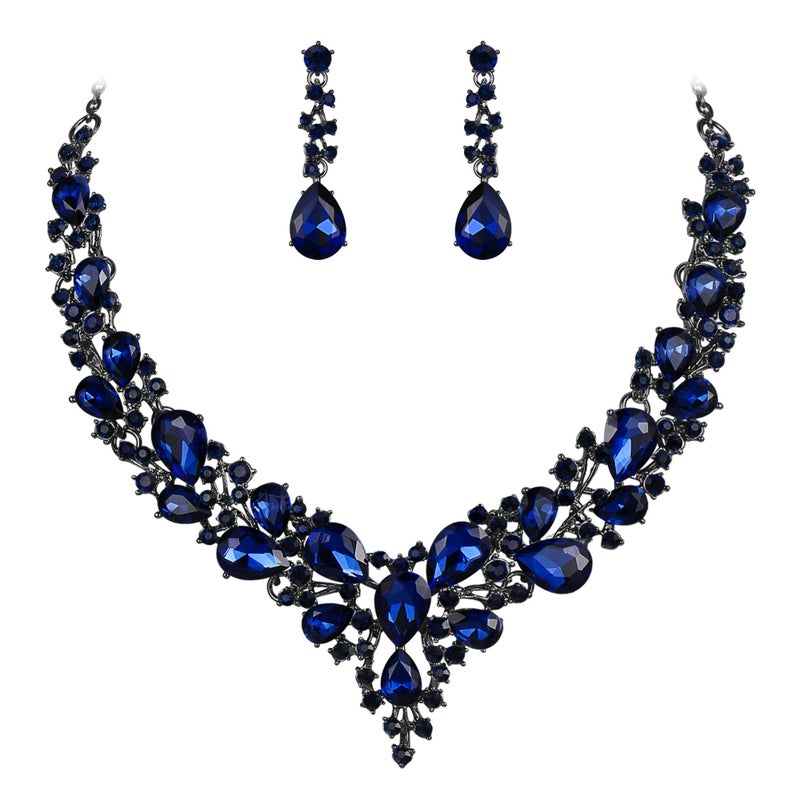BriLove Wedding Bridal Jewelry Set for Women Austrian Crystal Teardrop Cluster Statement Necklace Dangle Earrings Navy Blue Sapphire Color Black-Silver-Tone. - Image 1