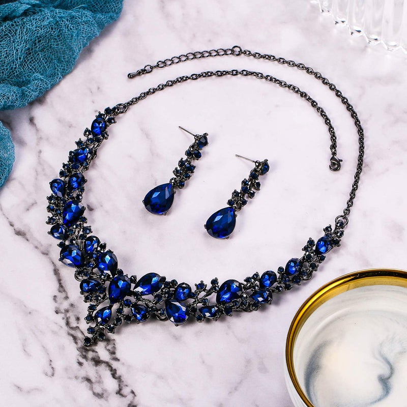 BriLove Wedding Bridal Jewelry Set for Women Austrian Crystal Teardrop Cluster Statement Necklace Dangle Earrings Navy Blue Sapphire Color Black-Silver-Tone. - Image 5