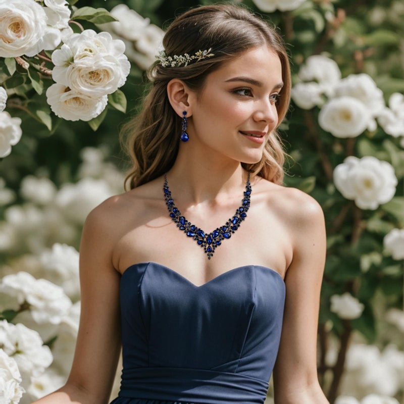 BriLove Wedding Bridal Jewelry Set for Women Austrian Crystal Teardrop Cluster Statement Necklace Dangle Earrings Navy Blue Sapphire Color Black-Silver-Tone. - Image 4