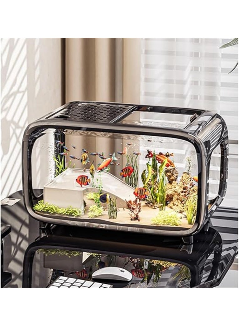 Fish Tank, Multifunctional Ecological Fish Bowls, Ultra Clear Aquarium with Crawling Platform, for Small Amphibious Creatures Shrimp Crabs Turtles and Ornamental Fish, 40*22.7*25.5cm (Black L) - Image 1