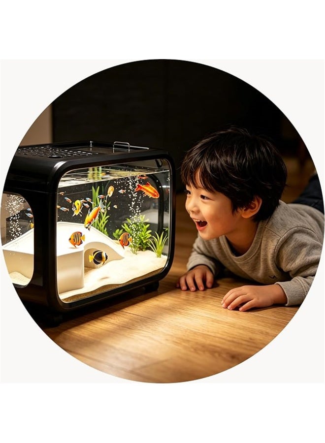 Fish Tank, Multifunctional Ecological Fish Bowls, Ultra Clear Aquarium with Crawling Platform, for Small Amphibious Creatures Shrimp Crabs Turtles and Ornamental Fish, 40*22.7*25.5cm (Black L) - Image 2