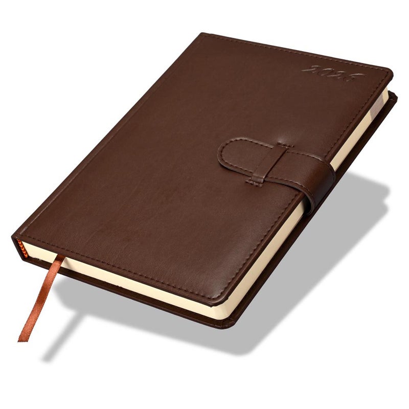 FIS 2026 Agenda Diary, 170x240mm, 1 Side Padded & Sewn Italian PU Cover, Round Corner with Strap Closure, 1 Day a Page Format, English, 70gsm Italian Ivory Paper, Dark Brown Cover-FSDI75E26DBR - Image 1