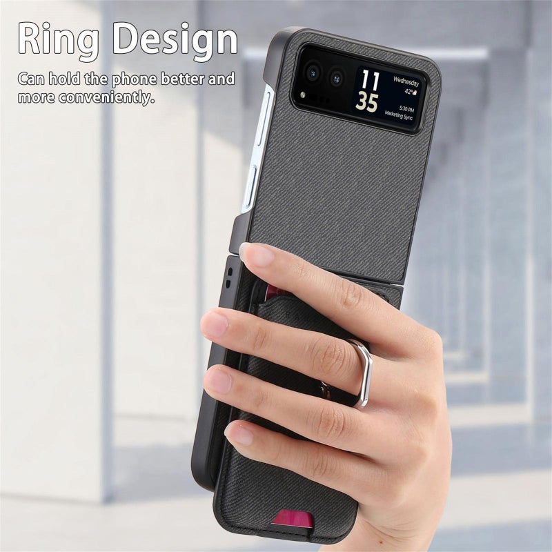 erorex For Motorola Moto Razr 40 Twill Fabric Card Bag Ring Magnetic Back Phone Case(Black) - Image 5