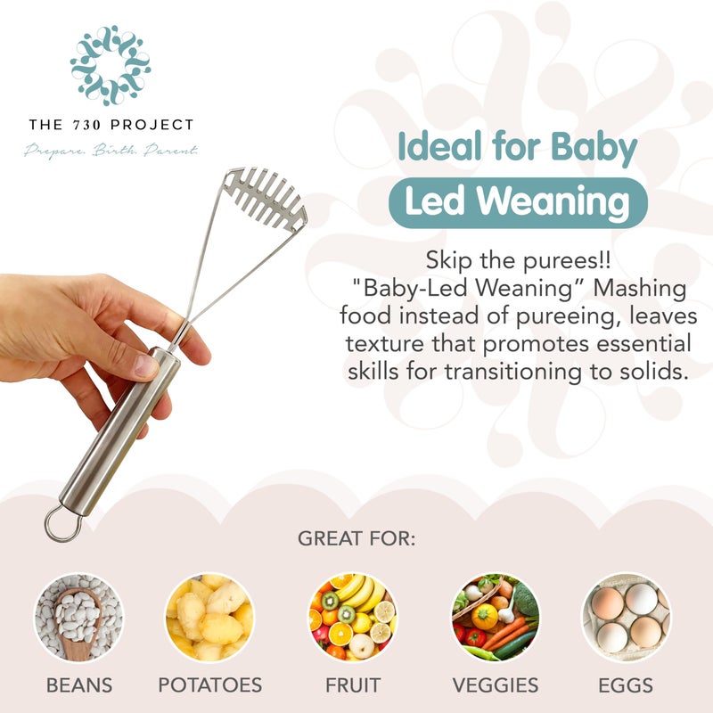 The 730 Project Mighty Masher, Baby Food Masher for Starting Solids Essentials, Baby-Led Weaning Mini Avocado and Potato Masher, Stainless Steel Potato Smasher Tool - Image 5
