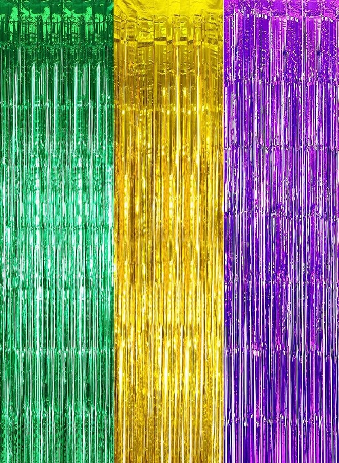 IGUO 3pcs Green Gold Purple Tinsel Foil Fringe Curtains Decorations,3.2ft x 8.3ft Curtain Mardi Gras Foil Curtains Photo Booth Prop Streamer Backdrop for Purple Green Day Birthday Party - Image 2