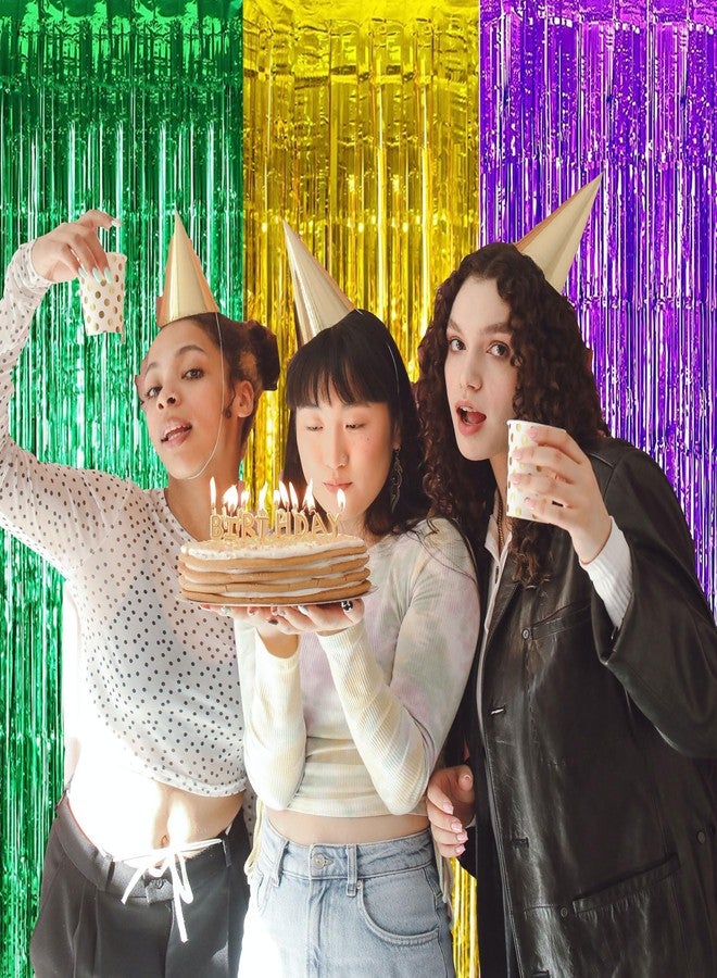 IGUO 3pcs Green Gold Purple Tinsel Foil Fringe Curtains Decorations,3.2ft x 8.3ft Curtain Mardi Gras Foil Curtains Photo Booth Prop Streamer Backdrop for Purple Green Day Birthday Party - Image 3