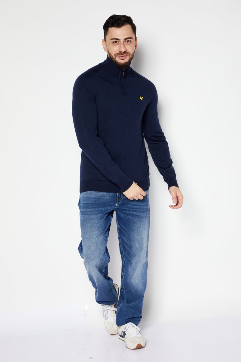 Lyle & Scott Men High Neck Embroidered Logo Sweater, Navy - Image 3