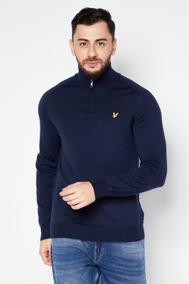 Lyle & Scott Men High Neck Embroidered Logo Sweater, Navy - Image 1