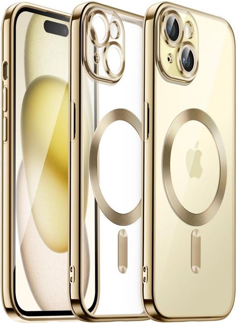 MagSafe Case Magnetic Clear Soft TPU Plating Case Wireless Charging Compatible Shockproof Camera Lens Protection For Apple iPhone 15 Gold