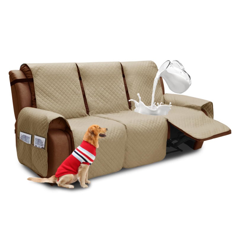 XINEAGE Water Resistant Recliner Cover 3 Seat Sofa Covers with Pockets Quilted Thick Protector Cover for Dog Pets with Non Slip Backing and Strap Khaki