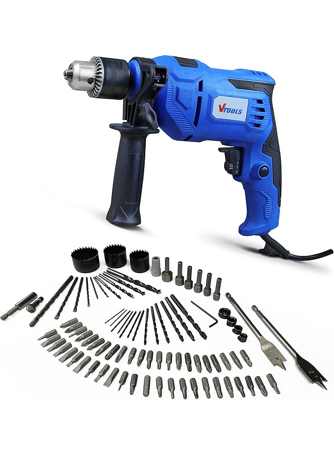 VTOOLS 650 Watt Impact Drill With 5 Piece Concrete Drill Bit Set Multi Function Hammer And Drill 360°Rotating Side Handle Guide Ruler And Variable Speed Blue - Image 1