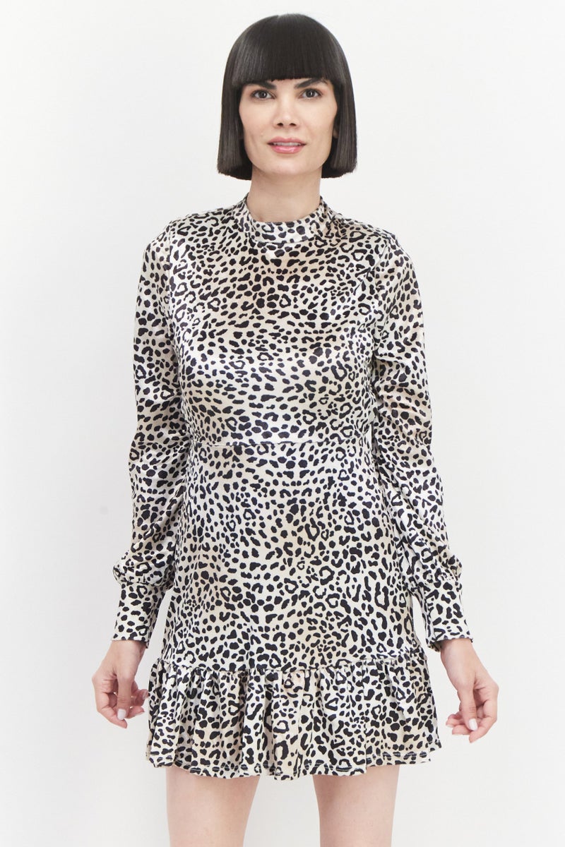 RIVER ISLAND فستان ميني مطبوع للحيوانات للنساء، مجموعة بيج - Image 1