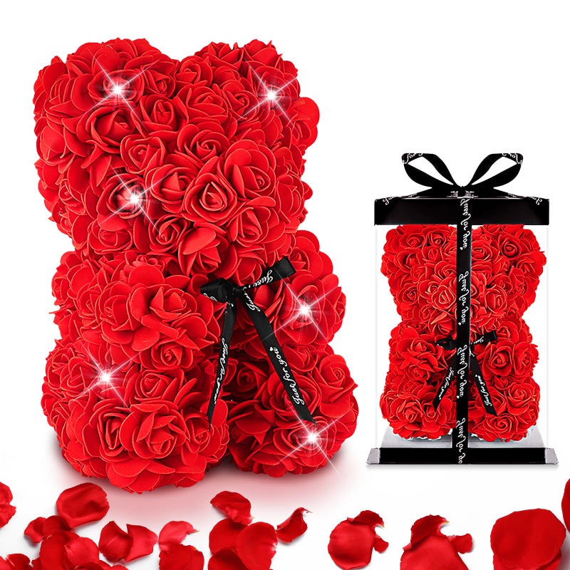 Odaban Rose Bear Rose Teddy Bear with Box Red Flower Bear for Valentines Christmas Mothers Day for Girl Wife Birthday Gifts for Her Women 10 Inches