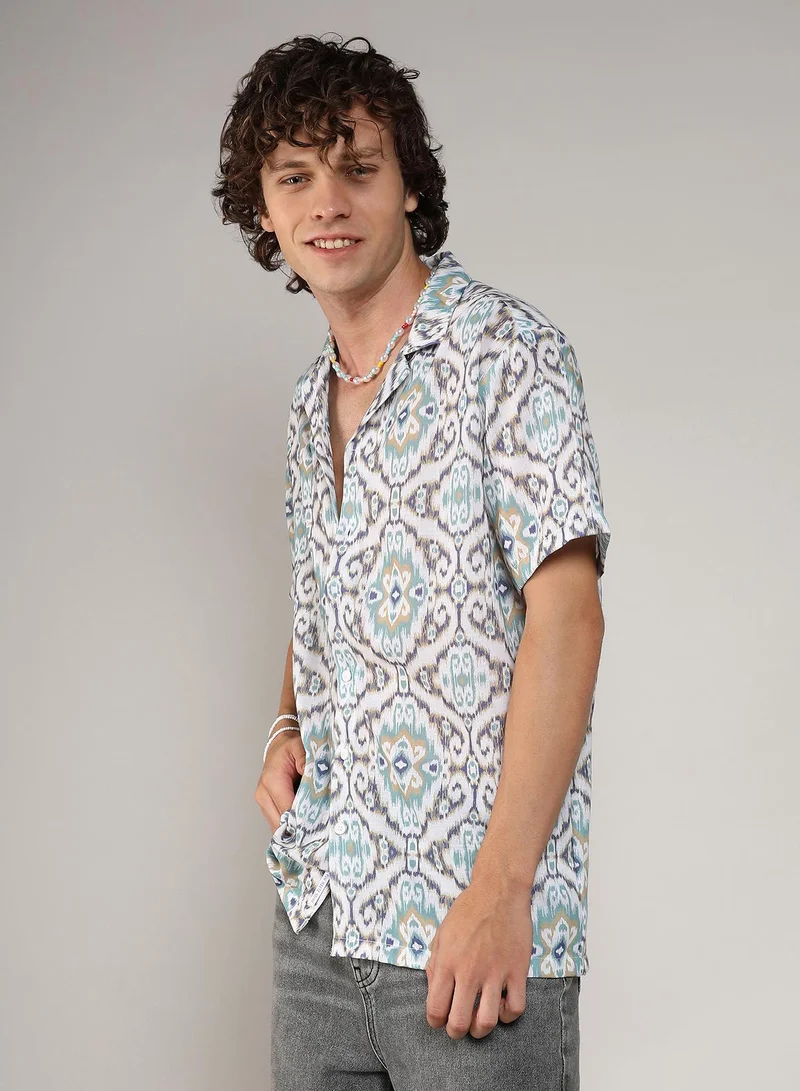 Campus Sutra Men's Ivory White & Sage Green Ikkat Shirt