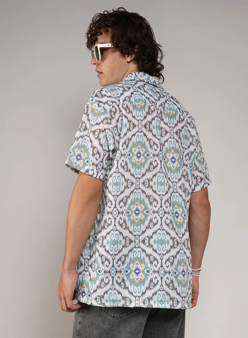 Campus Sutra Men's Ivory White & Sage Green Ikkat Shirt