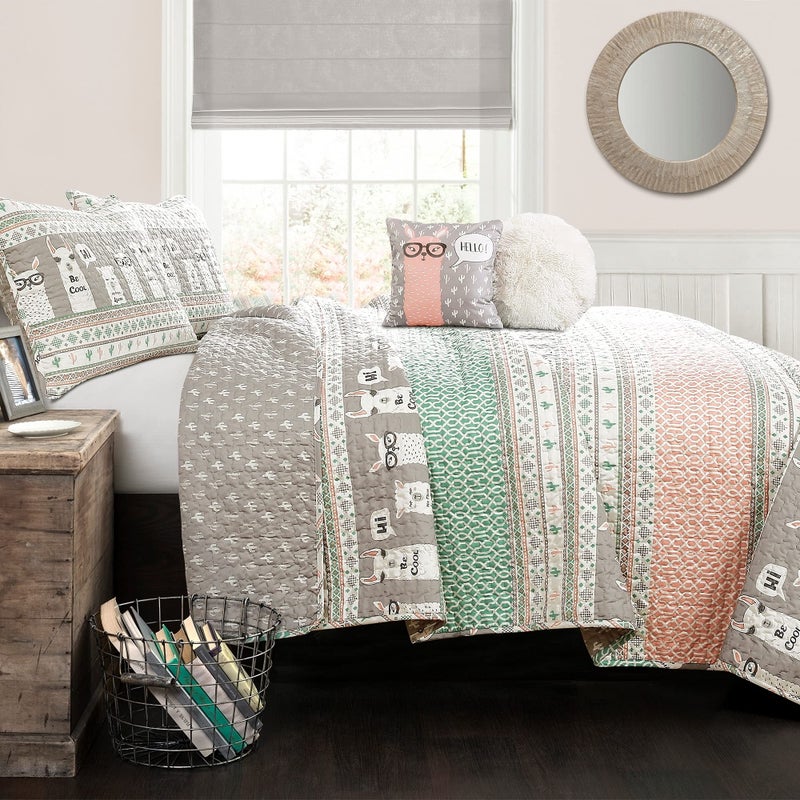Lush Decor Lush Decor Llama Striped Quilt Reversible 5 Piece Kids Bedding Set FullQueen Pink  Turquoise 