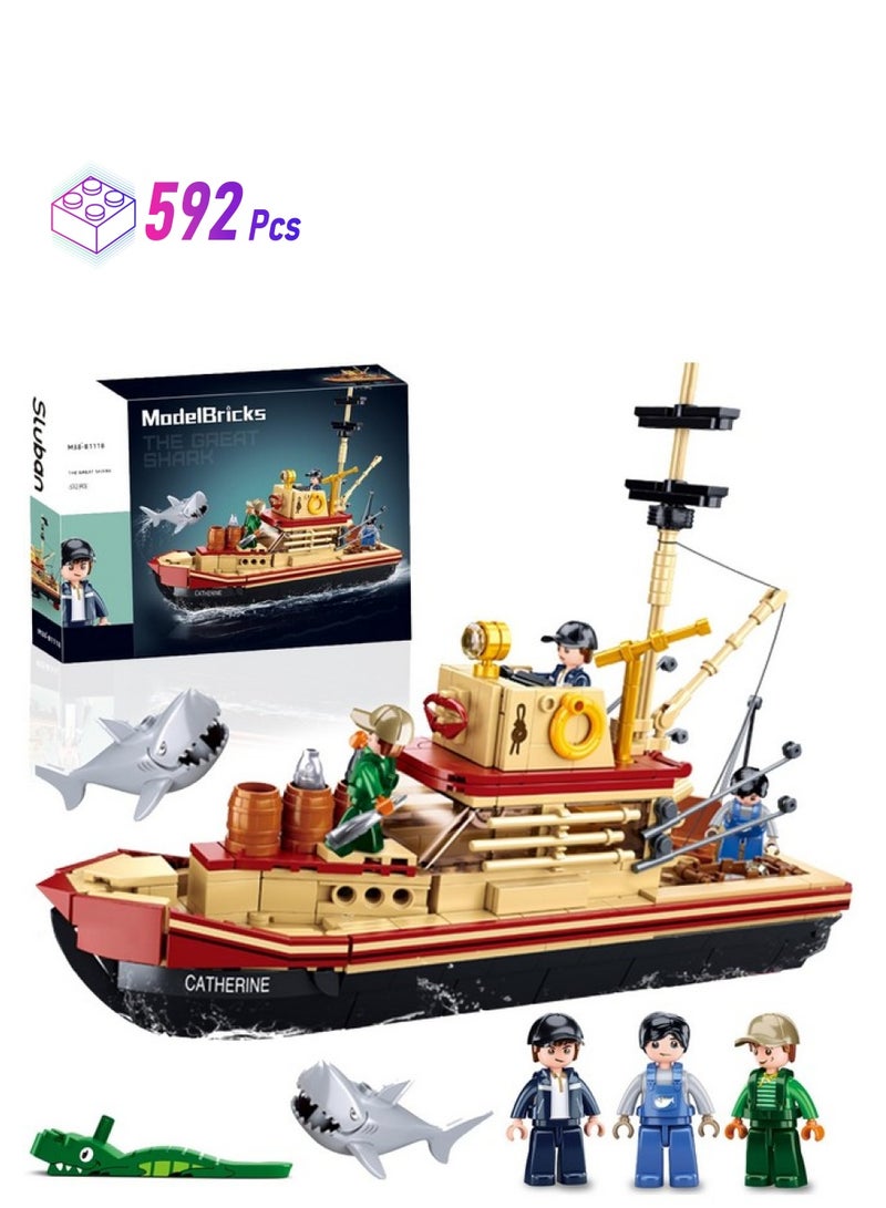 Sluban City Jaws Fishing Boat Building Sets with 3 Fisherman Minifigures, Ship Building Kit with Shark Toys, Christmas Birthday Gifts Toys for Adults Kids, Compatible with Lego Boat Ship, 592 PCS - Image 1