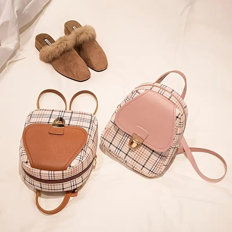 Classic Color Contrast And Stripe Pattern Design Backpack With Golden Metal Lock, Women's Daily Backpack For Hanging Out And Work - Image 3