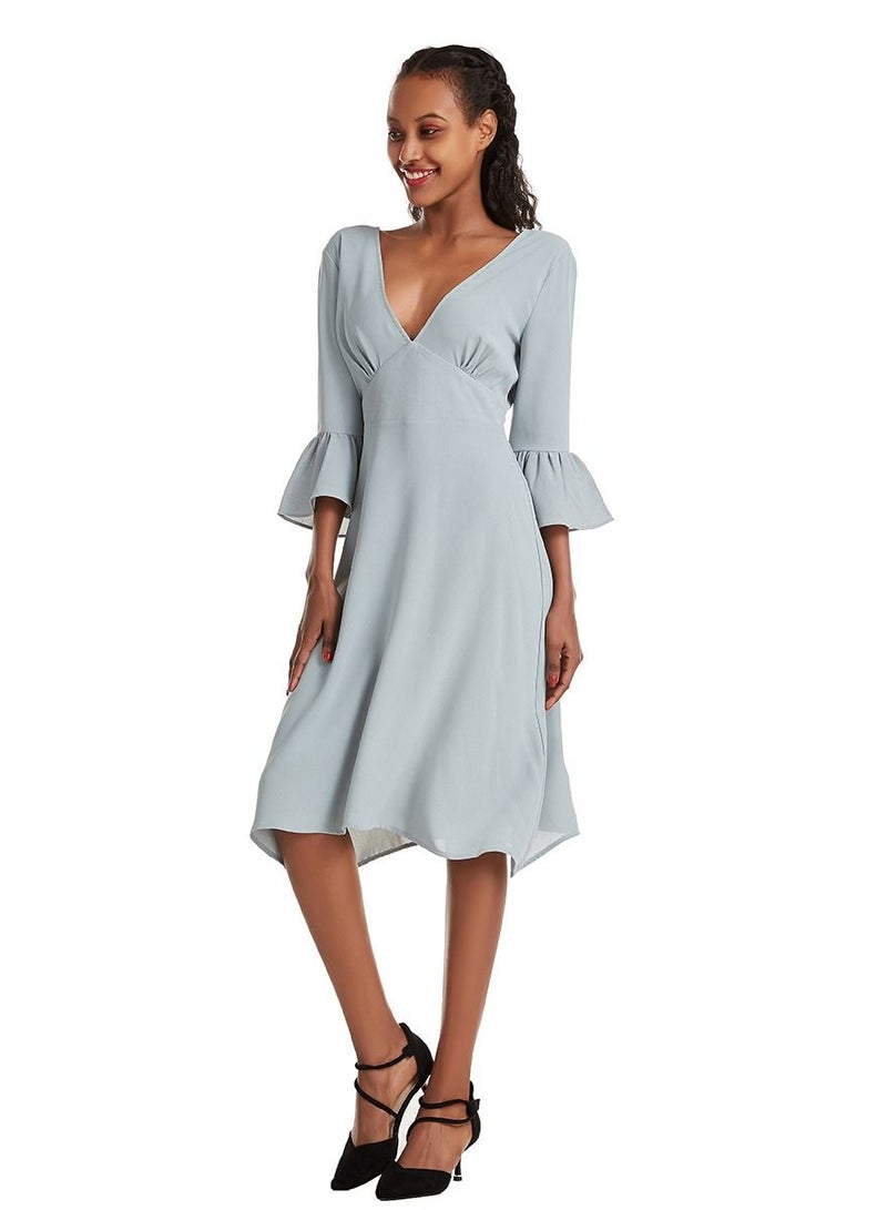 Loquat Women's Solid Color V Neck Flare Sleeve Midi Dress Bluish-Grey  - Image 1