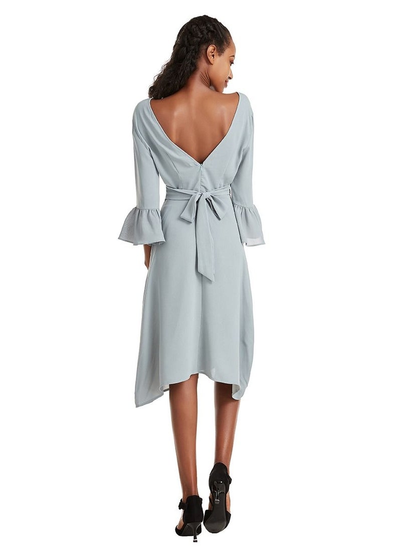 Loquat Women's Solid Color V Neck Flare Sleeve Midi Dress Bluish-Grey  - Image 3