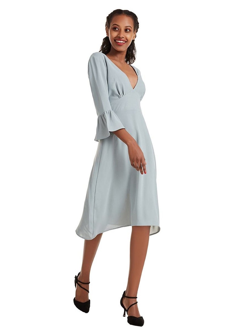 Loquat Women's Solid Color V Neck Flare Sleeve Midi Dress Bluish-Grey  - Image 2