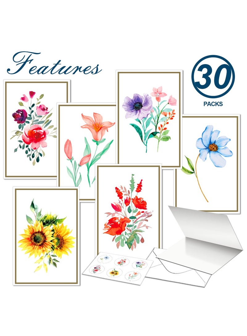 Kidepoch 30 Blank Greeting Cards, Assorted Watercolor Floral Greeting Cards for All Occasion, 4x6 inches Blank Flower Stationary Notecards with Envelopes & Stickers  - Image 4