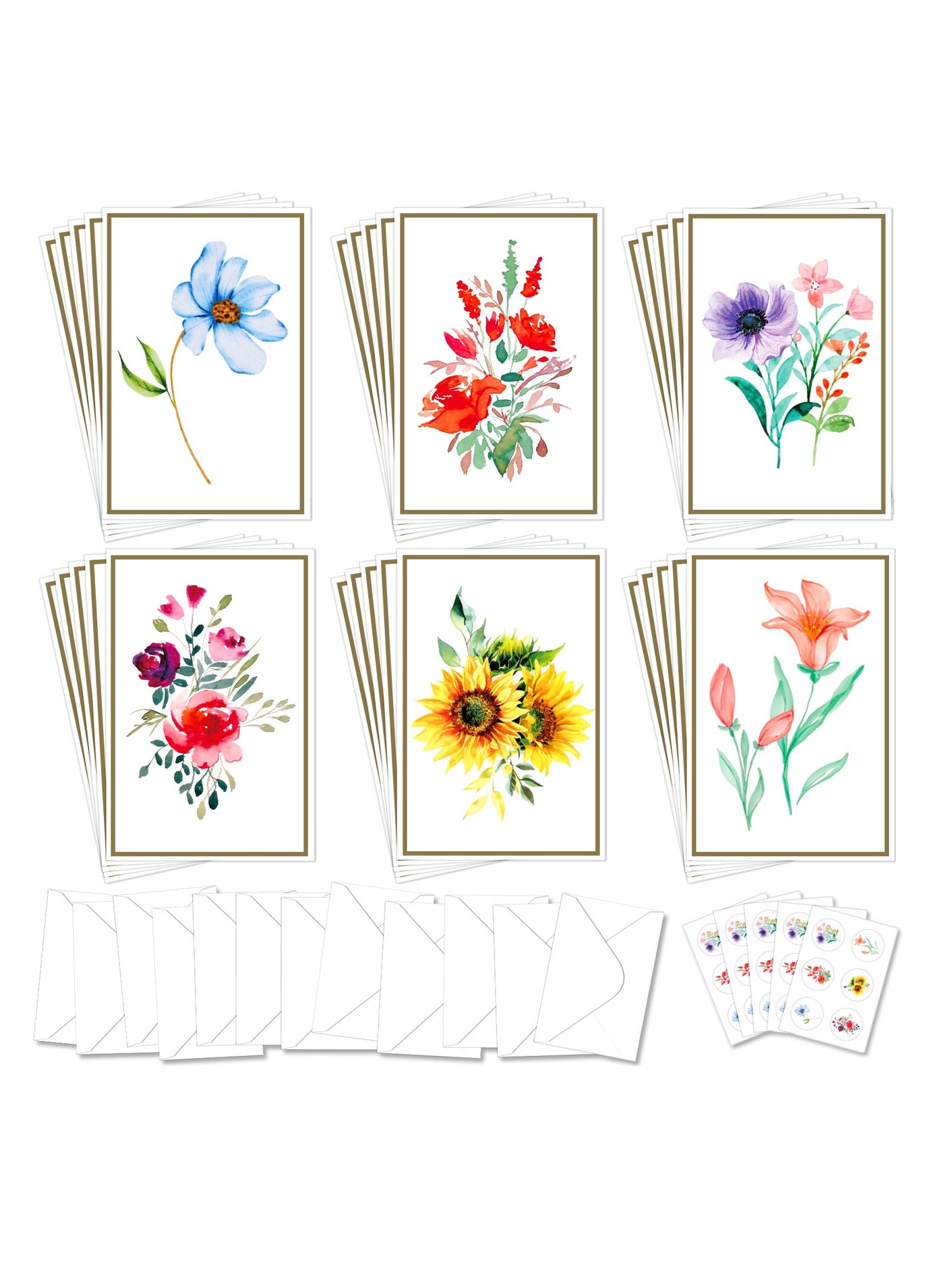 30 Blank Greeting Cards, Assorted Watercolor Floral Greeting Cards for All Occasion, 4x6 inches Blank Flower Stationary Notecards with Envelopes & Stickers