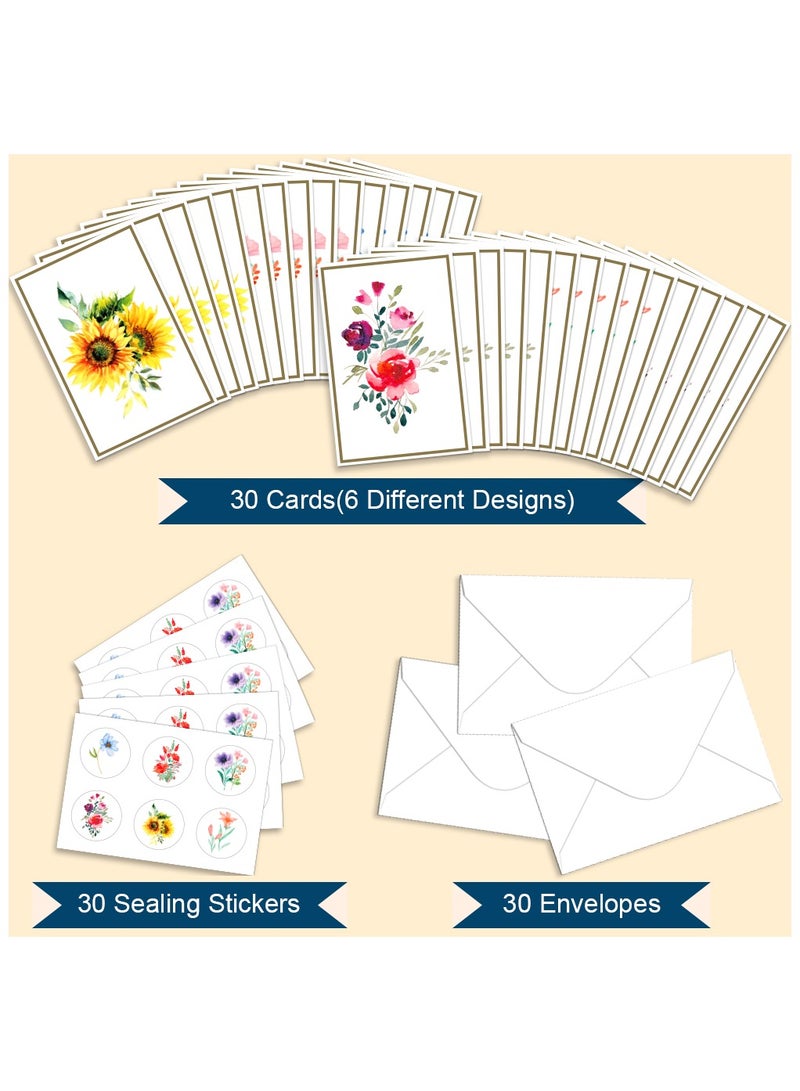 Kidepoch 30 Blank Greeting Cards, Assorted Watercolor Floral Greeting Cards for All Occasion, 4x6 inches Blank Flower Stationary Notecards with Envelopes & Stickers  - Image 3