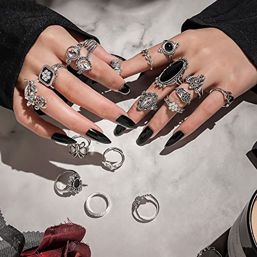 17IF 60 PCS Vintage Silver Goth Ring Set for Women, Punk Boho Chunky Knuckle Stackable Finger Ring Pack Aesthetic Grunge Adjustable Retro Stone Opal Crystal Cat Snake Flower Gothic Rings - Image 4