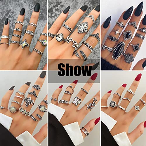 17IF 60 PCS Vintage Silver Goth Ring Set for Women, Punk Boho Chunky Knuckle Stackable Finger Ring Pack Aesthetic Grunge Adjustable Retro Stone Opal Crystal Cat Snake Flower Gothic Rings - Image 5