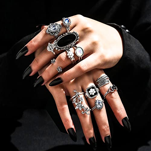 17IF 60 PCS Vintage Silver Goth Ring Set for Women, Punk Boho Chunky Knuckle Stackable Finger Ring Pack Aesthetic Grunge Adjustable Retro Stone Opal Crystal Cat Snake Flower Gothic Rings - Image 2