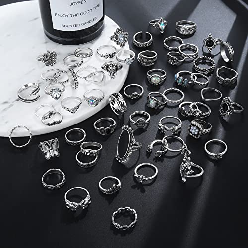 17IF 60 PCS Vintage Silver Goth Ring Set for Women, Punk Boho Chunky Knuckle Stackable Finger Ring Pack Aesthetic Grunge Adjustable Retro Stone Opal Crystal Cat Snake Flower Gothic Rings - Image 3