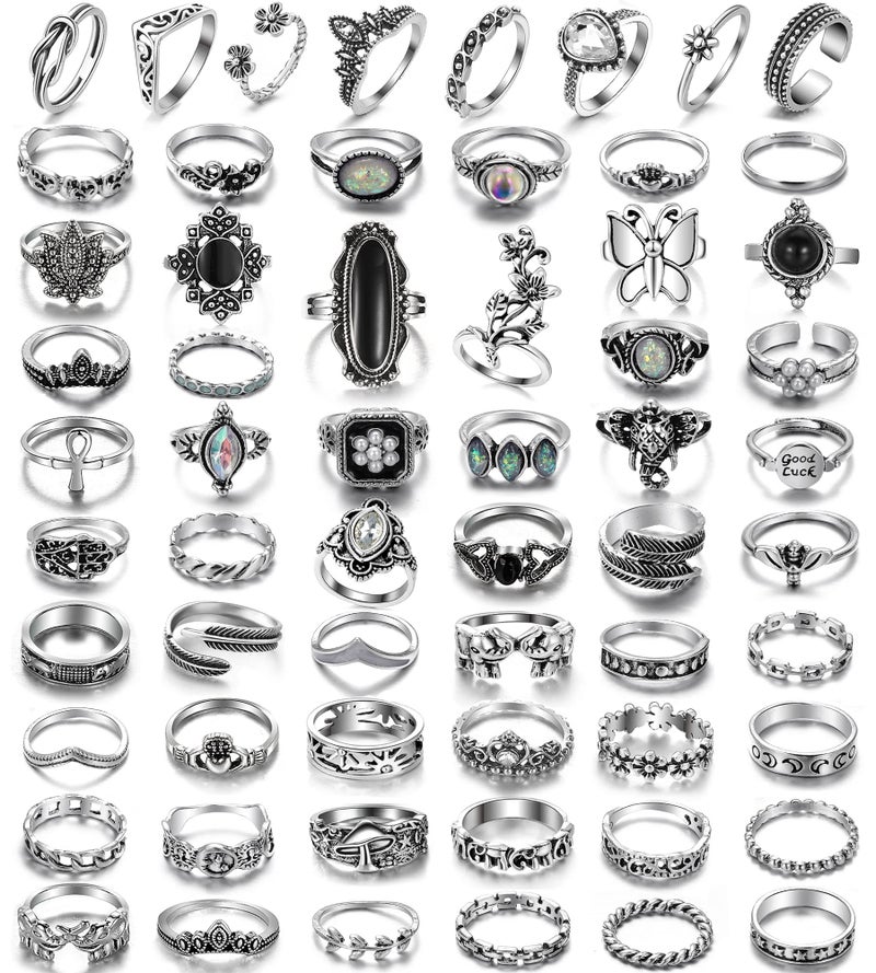 17IF 60 PCS Vintage Silver Goth Ring Set for Women, Punk Boho Chunky Knuckle Stackable Finger Ring Pack Aesthetic Grunge Adjustable Retro Stone Opal Crystal Cat Snake Flower Gothic Rings - Image 1