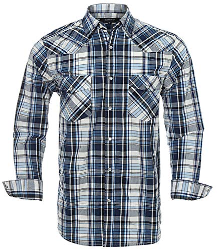 Double Pump Western Shirts for Men with Snap Buttons Regular Fit Plaid Mens Long Sleeve Shirts Casual,Blue White 009, Large - Image 1