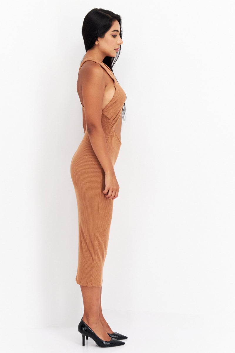 Endless Blu Women Ribbed Midi Dress, Brown - Image 3