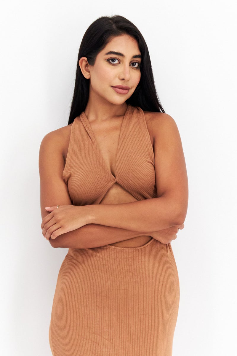 Endless Blu Women Ribbed Midi Dress, Brown - Image 2