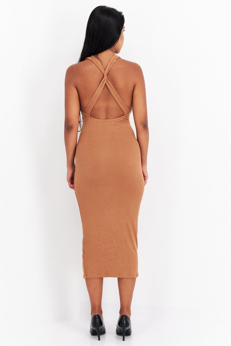 Endless Blu Women Ribbed Midi Dress, Brown - Image 4
